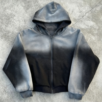 Sweat à capuche zippé sur mesure en coton épais 100 % écologique, coupe ample, effet vieilli, délavé à l'acide, tricot gaufré double couche réversible