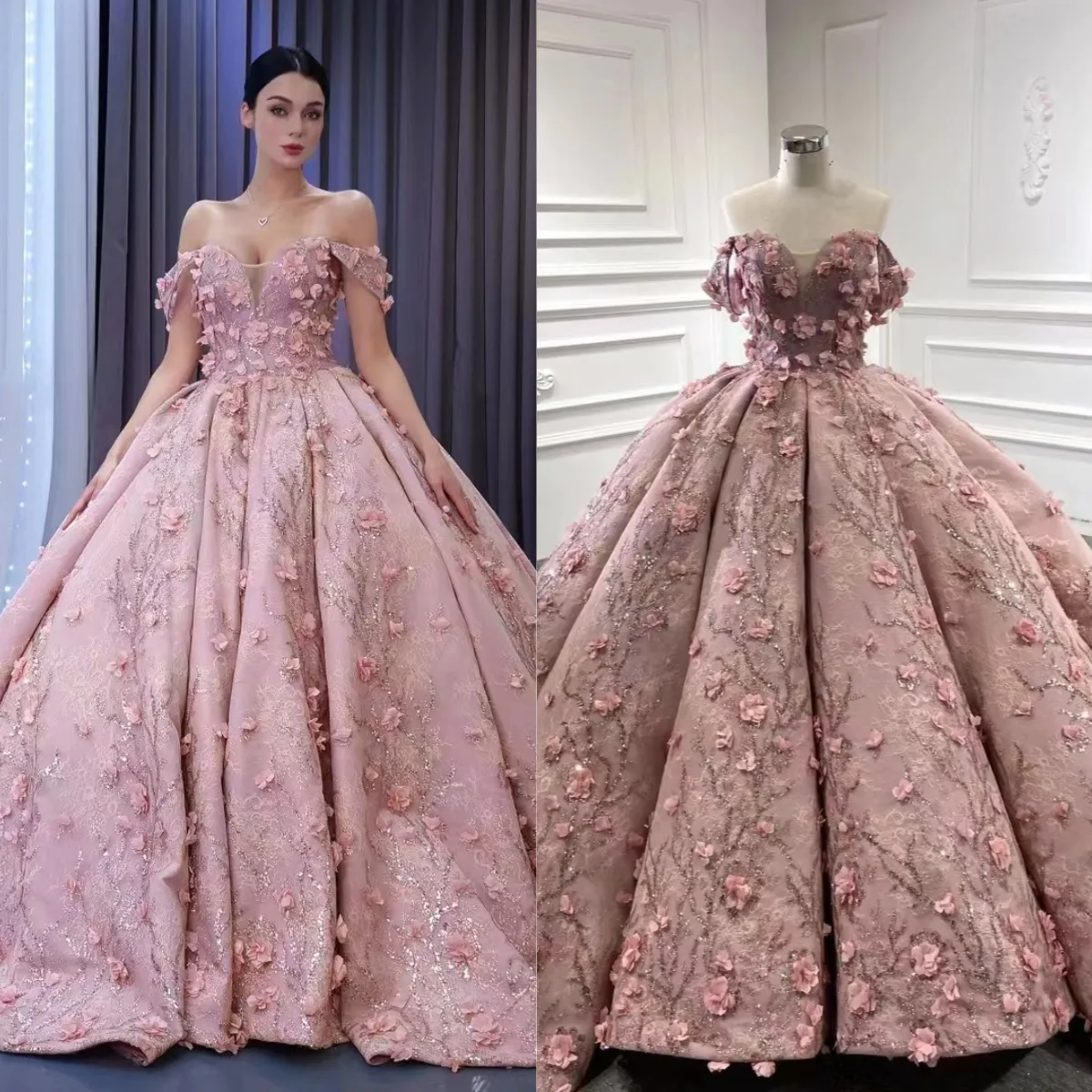 Queens가운 멋진 핑크 3d 꽃 이브닝 드레스 이쁜이 라이트 핑크 가운 peri 십대 댄스 파티 드레스