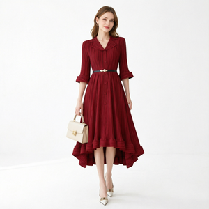Vestido midi plisado estilo Miyake para mujer, color burdeos, con cuello en V, cinturón, bajo asimétrico, elegante, informal, para fiesta, ropa de moda al por mayor - Product Image 1