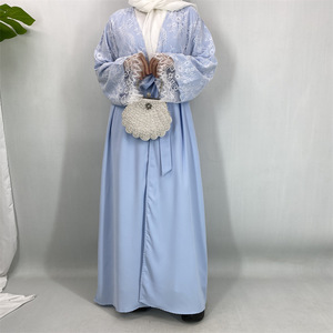 Abaya Sharut OEM/ODM Dubaï pour le Ramadan et l'Aïd, robe islamique pour femmes musulmanes, kimono modeste en dentelle, abaya ouverte en Nida avec hijab assorti - Product Image 1