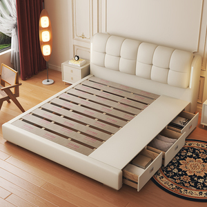 Lit rembourré moderne de luxe de taille <span class=keywords><strong>King</strong></span> & Queen avec de solides tiroirs de rangement dissimulés Cadre en bois et éclairage Tête de lit souple - Product Image 3