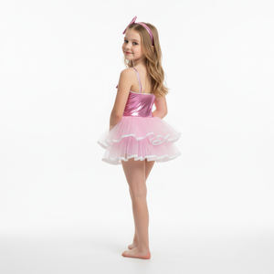 Traje de Danza Jazz Metálico Rosa para Niñas, Falda de Tul en Capas con Lazo para el Cabello a Juego, para Actuaciones de Ballet y Danza Escénica - Product Image 2