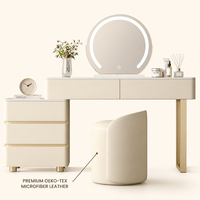 Ensemble de coiffeuse moderne en panneaux de bois blanc avec miroir LED réglable, tiroirs de rangement, table de maquillage pour chambre d'hôtel