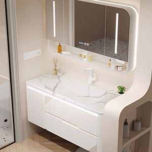 Armoire de salle de bain blanche à coins arrondis, armoire miroir intelligente, comptoir blanc, lavabo à coins arrondis - Product Image 4