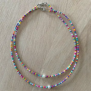 Custom Beaded Necklace Handmade Freshwater Pearls Charm Colorful Seed Beaded Silver Necklace Women Price for Single