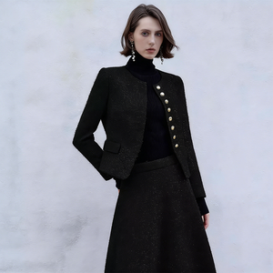 Completo Minimalista da <span class=keywords><strong>Donna</strong></span> <span class=keywords><strong>in</strong></span> <span class=keywords><strong>Tweed</strong></span> Nero, <span class=keywords><strong>Blazer</strong></span> Lineare con Gonna Svasata, Outfit Sofisticato per Riunioni e Visite <span class=keywords><strong>in</strong></span> Ufficio - Product Image 2