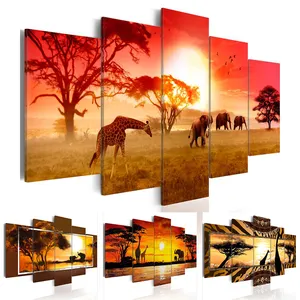 Living Room Home Decor Frame Modular Pictures Elephant Giraffe Sunset Poster Print 5 Panels Wall Art Canvas Painting