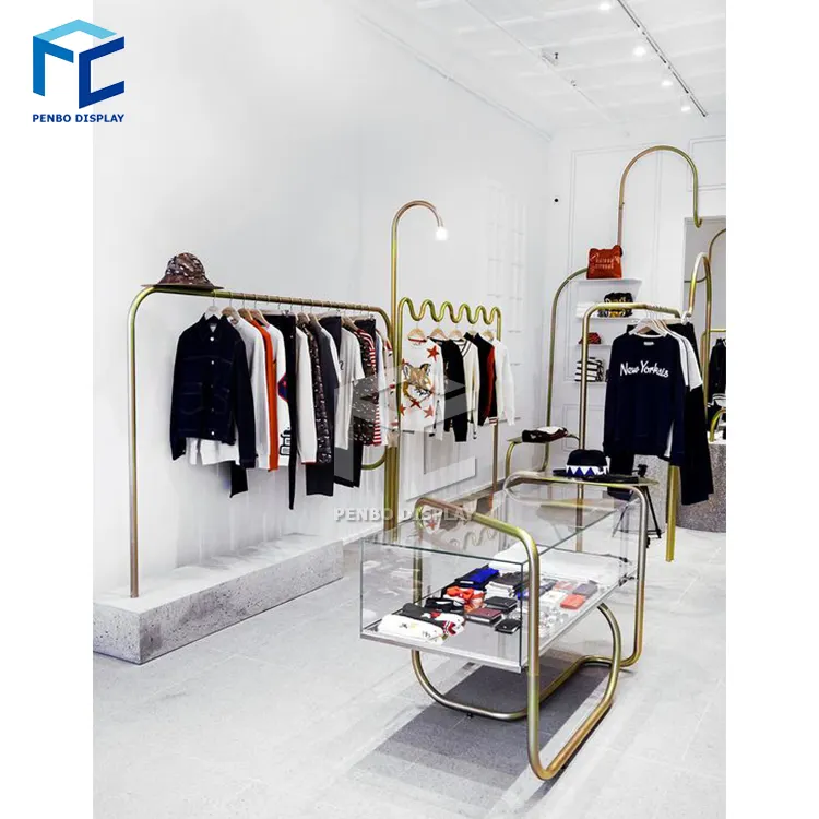 Estante de exhibición de tienda de alta calidad, soporte de metal de diseño único para tienda de ropa