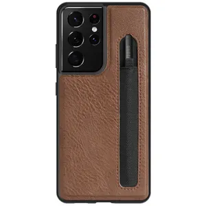 Simple Business Style luxury Leather S Pen Case Cell Phone Leather Cover Case For Samsung Galaxy S21 Ultra With Pen Slot