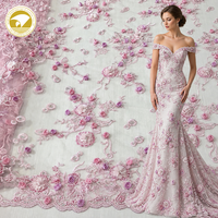 Tissu brodé 3D tissé avec des roses et des perles, appliqué en dentelle, pour robe de mariée, sac, jouet - Tissu de créateur, le plus vendu