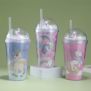Unicorn Plastic Cup With Plush Toy Lid 500Ml Portable Cartoon Drinkware For Kids Party Use - Product Image 3