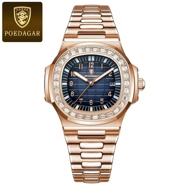 Top Brand Poedagar 925 Quartz Waterproof Luminous Fashion Rose Gold Square Men Date Stainless Steel Watch for Men