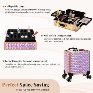 Chariot de maquillage roulant en aluminium 3-en-1 - Chariot de beauté professionnel résistant à l'<span class=keywords><strong>eau</strong></span> et robuste, grande capacité de rangement pour salons - Product Image 4