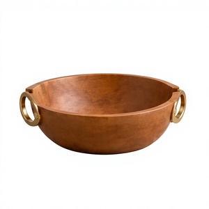 Bol de service rond en bois de manguier finition noyer avec poignées latérales métalliques modernes - Product Image 1