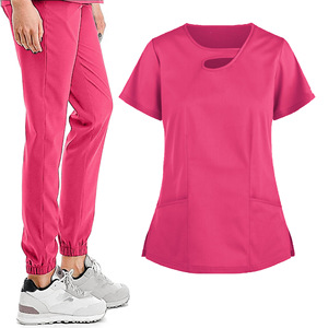 Women Scrub Uniform Set Short Sleeve Knitted Moisture Wicking Hospital Workwear Split Design For Medical Spa Use - Product Image 2