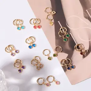 Hot Selling Light Luxury Colorful 12 Birthstone Earrings Heart Shape Zircon Pendant Hoop Earrings For Women