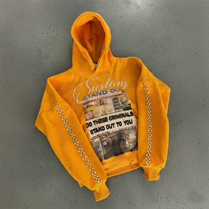 Tùy chỉnh đau khổ truyền nhiệt in ấn thiết kế đồ họa quá khổ Boxy Fit Crop Heavyweight bông chữ tay áo đinh tán Hoodies - Product Image 1