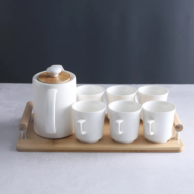 White Ceramic Tea Sets With Teapot Porcelain Tea Pot Set With Bamboo Tray Teapot And Teacup