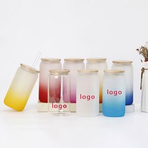 Vaso de Vidrio para Sublimación con Tapa de Bambú y Pajita, Personalizable con Logotipo, Colorido, Bonito, con Diseño de Oso Esmerilado, Vaso de Vidrio para Sublimación en Blanco - Product Image 1