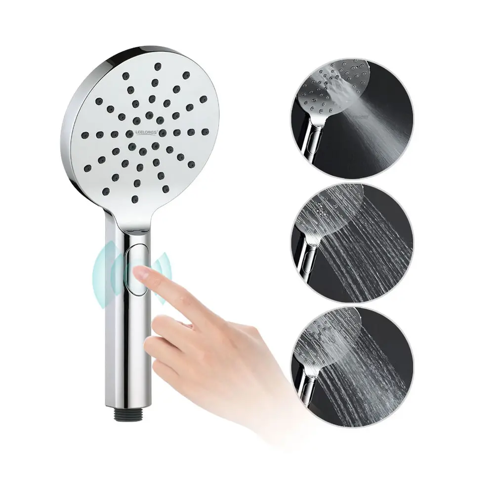 Luxury 3 Settings Button Switch Hand Held Rainshower Head with Shiny Chrome