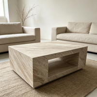 Table basse moderne de style nordique de luxe en marbre beige, meuble décoratif en pierre naturelle sur mesure, carré, pour salon