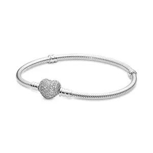 Pulseira brilhante de prata, pingente de coração, corrente de cobra, bracelete 925 zircônia cúbica, mulheres, pulseira unissex, banhada à prata