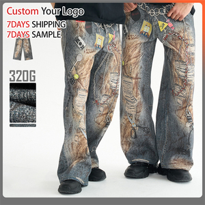 Manufacturers High Quality Fashion Denim Jeans Hip Hop Designer Vintage Custom 3D Print Distressed Baggy Short for <b>Men</b> Jeans - Product Image 4