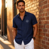 Camisa de Manga Corta para Hombre, Informal, Textura de Lino, con Botones, Azul Marino, Camisa de Verano Transpirable, Tejida