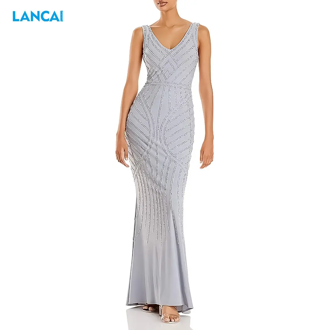 Vestido de noche sexy con cuello en V 2023, tul gris con calcomanía, correa de fideos italianos, vestido de fiesta con cuentas, vestido de noche elegante