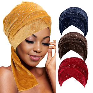 HZM-25440 luxe femmes velours diamant Turban Extra longue queue africain indien <span class=keywords><strong>chapeau</strong></span> <span class=keywords><strong>tête</strong></span> enveloppes Bonnet Tube écharpes cheveux accessoires - Product Image 1
