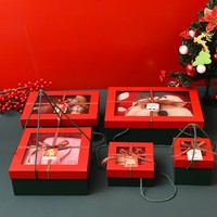 Kotak Kaku dari Bahan Daur Ulang Kotak Hadiah Natal Merah dengan Jendela Transparan Desain Pita Kotak Kemasan Permen Cokelat
