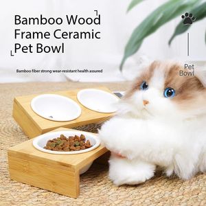 Bol à nourriture pour petits animaux, chiots, chats, animaux de compagnie, double/simple, en céramique, avec support en bambou, matériau sain pour les mangeoires pour chats et chiens - Product Image 2