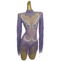Combinaison courte sexy une pièce manches longues avec pompons et perles, tenue de danse pour femmes, combinaison avec strass sur scène