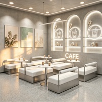 Ensemble de banquettes en cuir blanc de luxe léger avec table basse et tabourets en acier inoxydable, moderne, doux et imperméable, pour salon de thé, bubble tea et milk tea