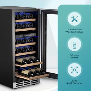 Réfrigérateur à vin Euhome 15 pouces, 33 bouteilles, double zone, avec porte vitrée, encastrable ou autoportant, en acier inoxydable - Product Image 2