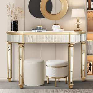 Half Moon <b>Mirrored</b> <b>Console</b> Table 47 In Fluted Glass Drawer Crystal Knob Vanity Desk For Bedroom Dressing Area - Product Image 1