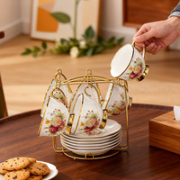 Ensemble de tasses à café et soucoupes à fleurs, usage domestique, céramique vintage, style européen, bordure dorée, 6 pièces, inspiration française, 200 ml, rond