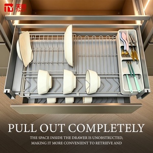 Modern Kitchen Cabinet Pull Out <b>Basket</b> Aluminum Plate 3-Sided Drawer Organizer Dish Rack with Cutlery Tray <b>for</b> Home <b>Storage</b> - Product Image 1