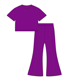 2025 Summer Girl Bell Bottom Outfits 2pcs Algodão Sólido T-shirt Calças Suit Para Crianças Adolescentes Meninas Moda Tricô Roupas - Product Image 6