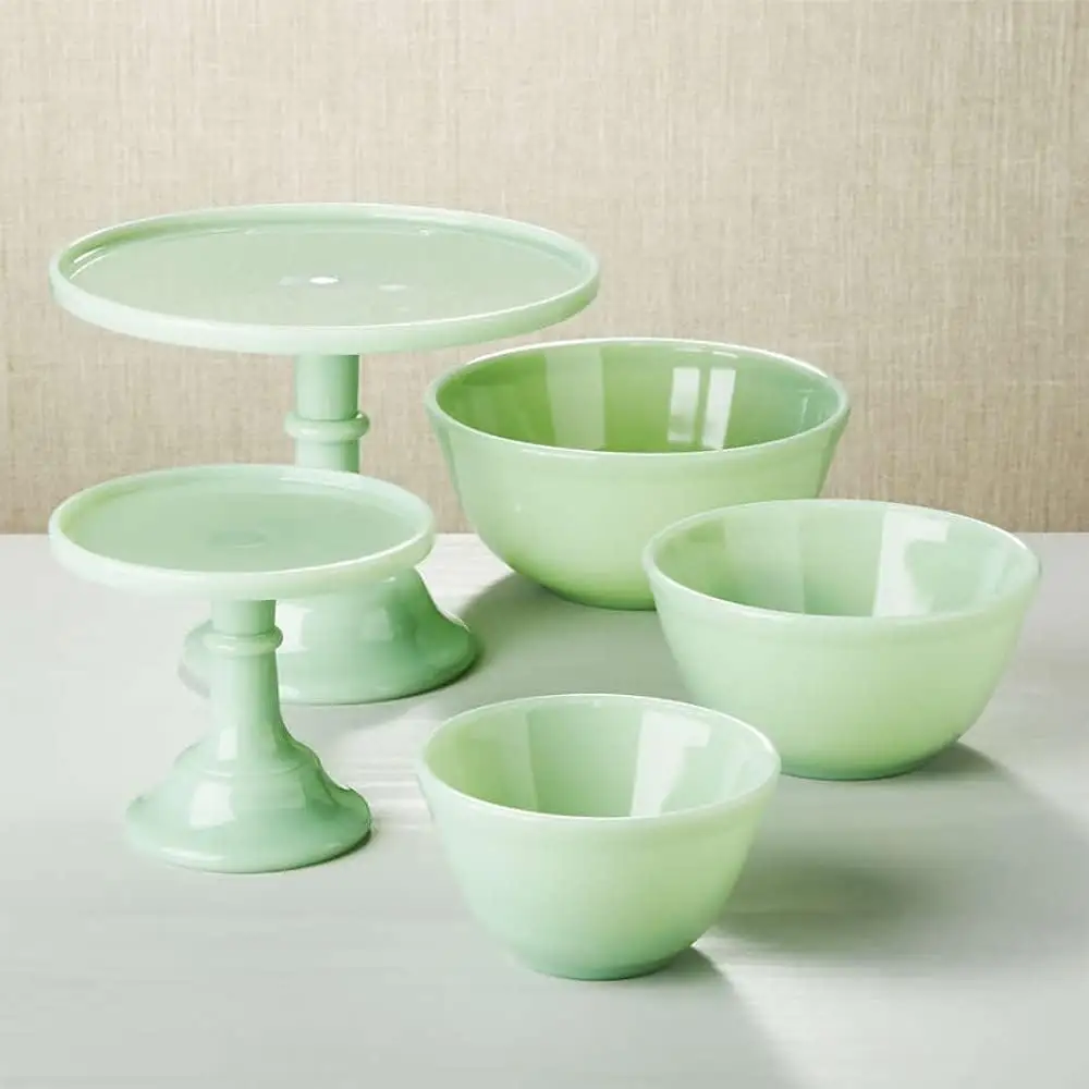 High End 20 oz, 40 oz, 65 oz Opal Green Glass Soup Bowl 3 Pieces Jade Glass Mixing Bowl Set Salad Bowls