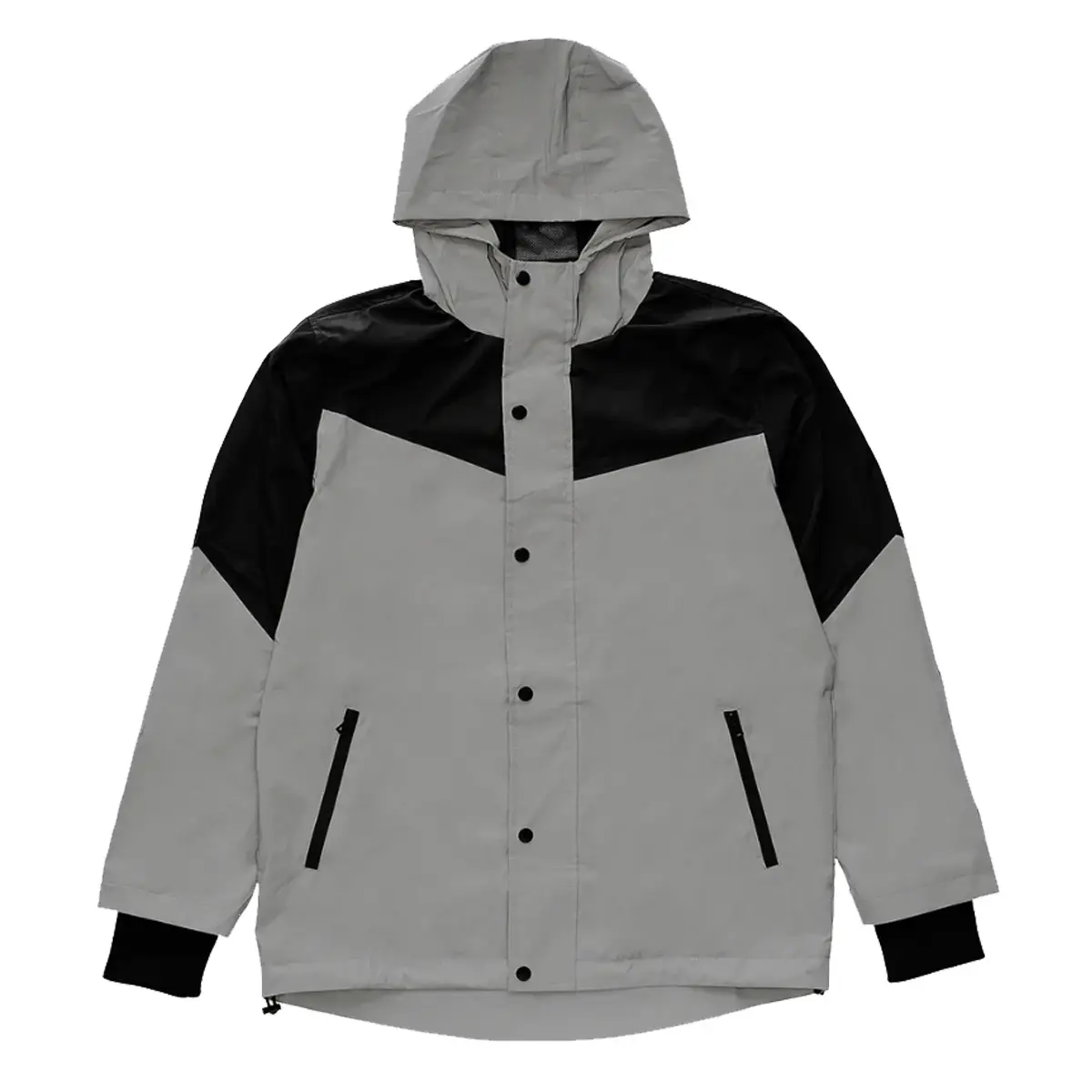Grey 3M Coat Reflective Jacket With Hood Windbreaker Custom Men Waterproof Mesh Lined Zip Pocket Patchwork