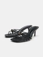 Sandales à talons hauts noires à fines brides, bout ouvert, ajourées, à talon fin, style mule, doublure en cuir, collection Printemps ZA MNG 2026