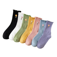 Chaussettes à volants personnalisées avec logo, vente en gros, OEKO Tex100, chaussettes pour femmes, broderie florale 3D, style japonais kawaii, chaussettes en coton