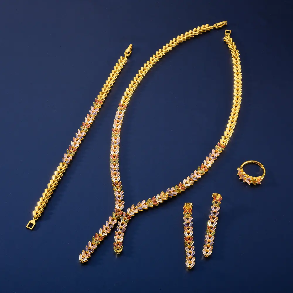 JH le meilleur vendeur bijoux de mode pour 2023 24K plaqué or Dubai Micro Pave coloré Zircon Bracelet ensemble de bijoux