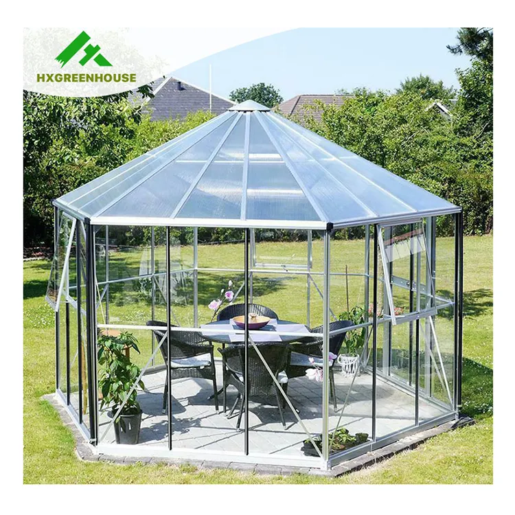 Elegante casa uso marco de aluminio hexagonal de efecto invernadero para jardinería y entretenido
