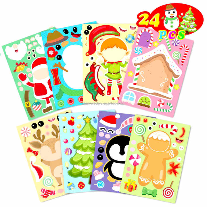 16 Sheets Christmas Sticker Sheets Make a Face Stickers Christmas Theme Birthday Party Kiss Cut Self-adhesive Decorative Sticker