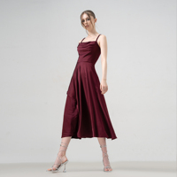 Robe trapèze en satin bordeaux pour femmes, tenue décontracté, longueur thé, vêtements de mode pour femmes, taille personnalisée, fabricant de vêtements du Vietnam