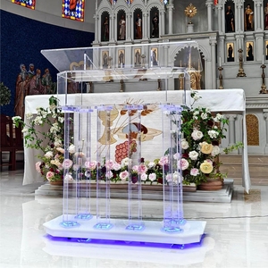 Podio de Acrílico Transparente con 4 Ruedas, Púlpito de Plexiglás de 10 mm para Iglesias con Luz LED y Estante de Almacenamiento - Product Image 5