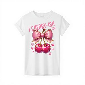 Camiseta de jersey con estampado de cerezas para mujer, manga corta, cuello redondo, corte holgado, informal, top de verano con diseño de lazo, color rosa - Product Image 1
