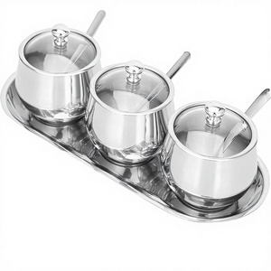 Набор для специй из нержавеющей стали 304 с <span class=keywords><strong>3</strong></span> отсеками, стеклянными крышками и ложками, поднос-органайзер для приправ, банки для соли, сахара, перца, специй - Product Image 1